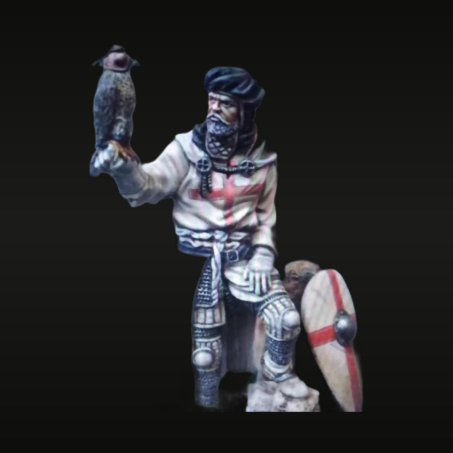 Medieval Crusader Knight with Falcon and Shield 54mm Resin Figure Kit - unpainted resin model kit