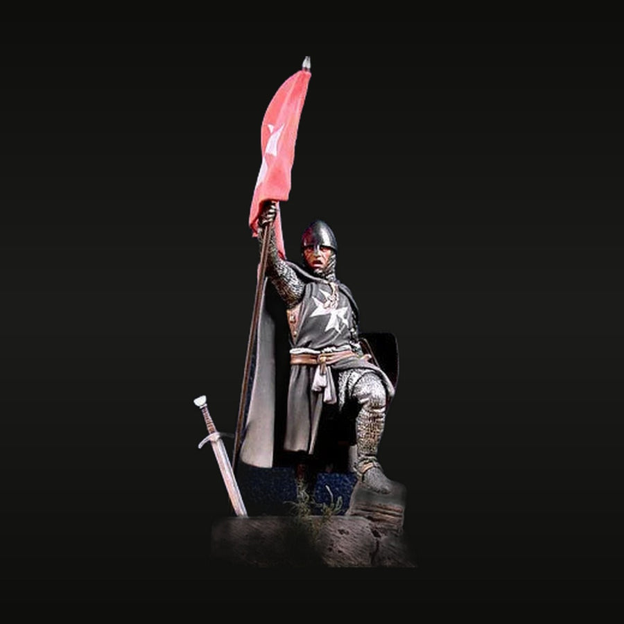 Medieval Hospitaller Knight Kneeling with Banner and Sword 54mm Resin Figure Kit - unpainted resin model kit