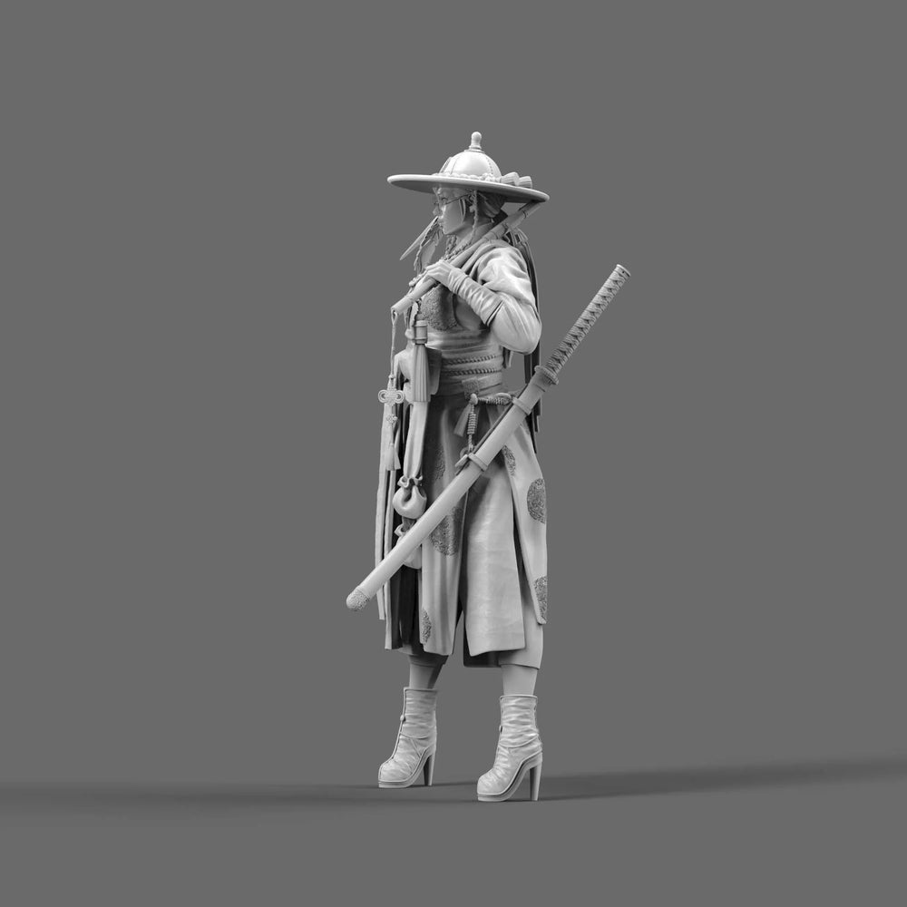 1/12 Female Swordmaster in Armor Robe with Cone Hat, Resin Model Figure Kit, Fantasy Theme, Unassembled and Unpainted
