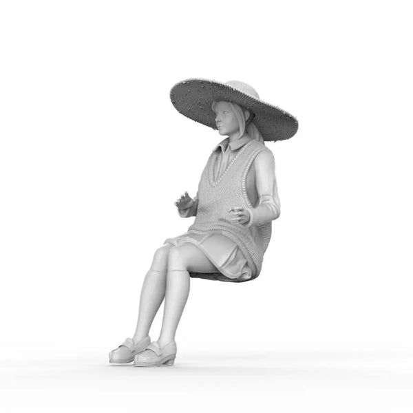 1/24 1940s Woman in Wide-Brimmed Hat Seated, Resin Model Figure Kit, Unassembled and Unpainted