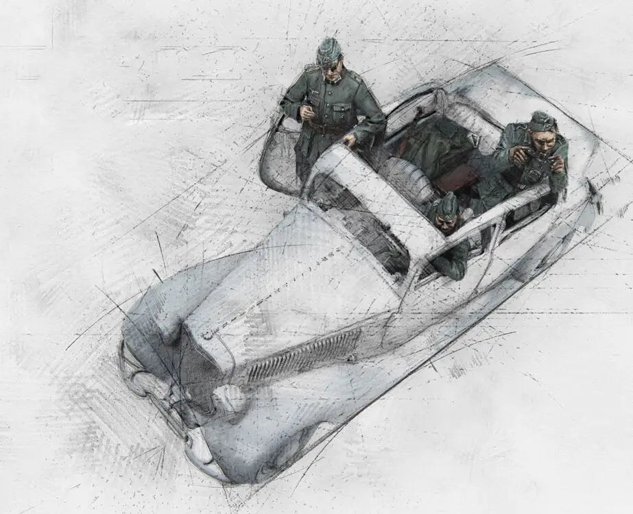 1/35 WWII German Infantry with Kübelwagen, 11 Figures, Resin Model Diorama Kit, Unassembled and Unpainted