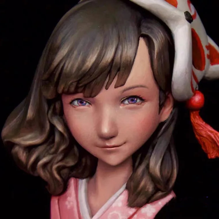 60mm Girl with Wavy Hair in Pink Qipao and Red Ribbons, Resin Model Bust Kit, Anime Theme, Unassembled and Unpainted