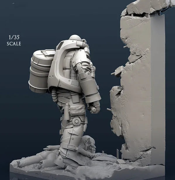 1/35 Trooper with Cylindrical Armor and Shoulder Cannon, Resin Model Figure Kit, Sci-Fi Theme, Unassembled and Unpainted