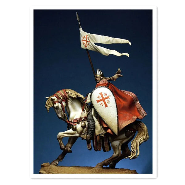 54mm Medieval Mounted Crusader Knight with Jerusalem Cross, Resin Model Figure Kit, Unassembled and Unpainted