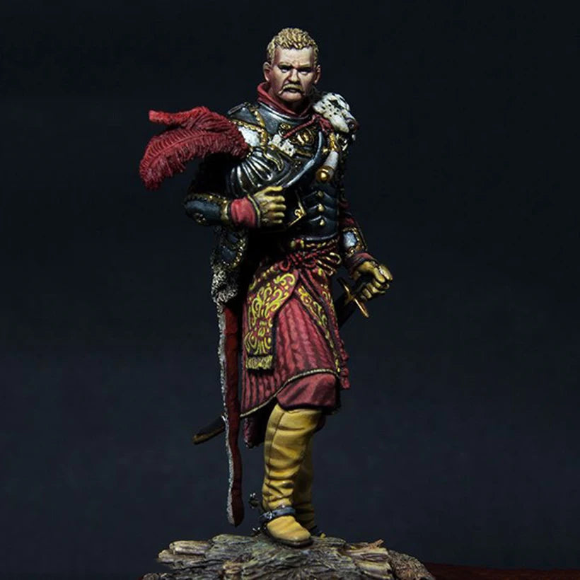 1/24 Ancient Fantasy Warrior in Gold Armor with Red Cape and Feathered He, Resin Model Figure Kit, Unassembled and Unpainted