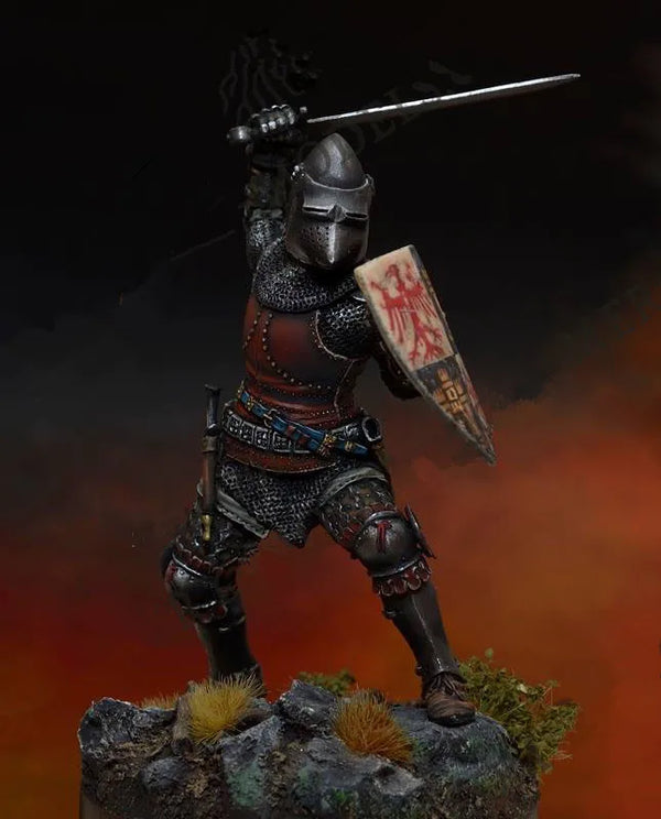 1/24 Armored Warrior with Halberd and Heraldic Shield, Resin Model Figure Kit, Fantasy Theme, Unassembled and Unpainted