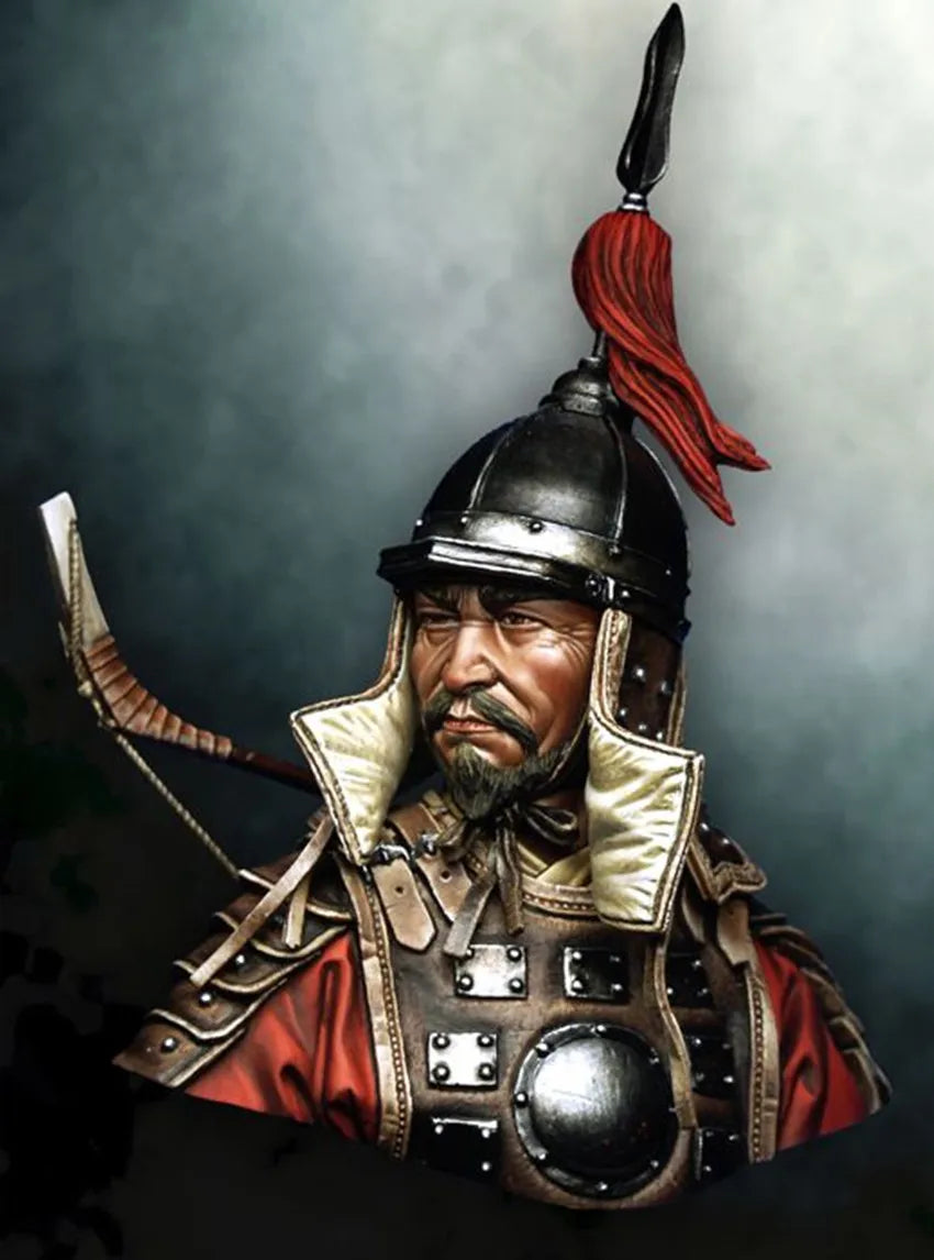 1/9 Ornate Horned Warlord with Red Plume, Resin Model Bust Kit, Fantasy Theme, Unassembled and Unpainted