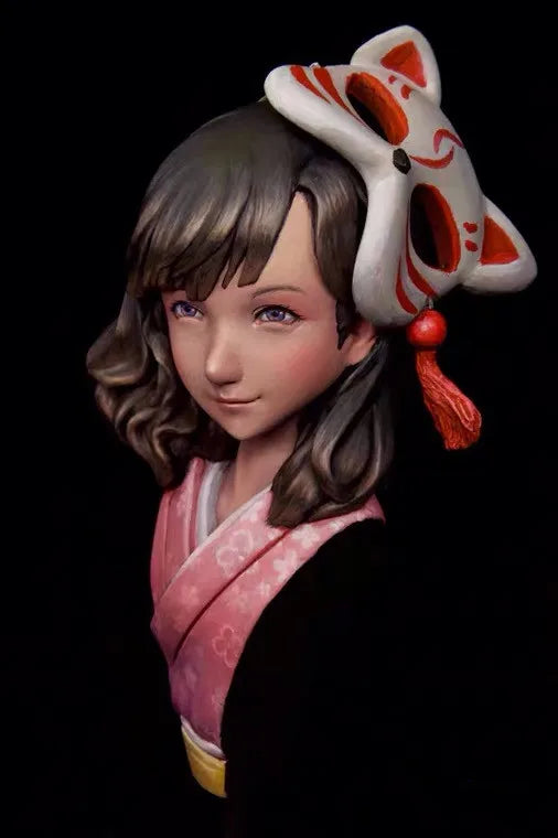 60mm Girl with Wavy Hair in Pink Qipao and Red Ribbons, Resin Model Bust Kit, Anime Theme, Unassembled and Unpainted