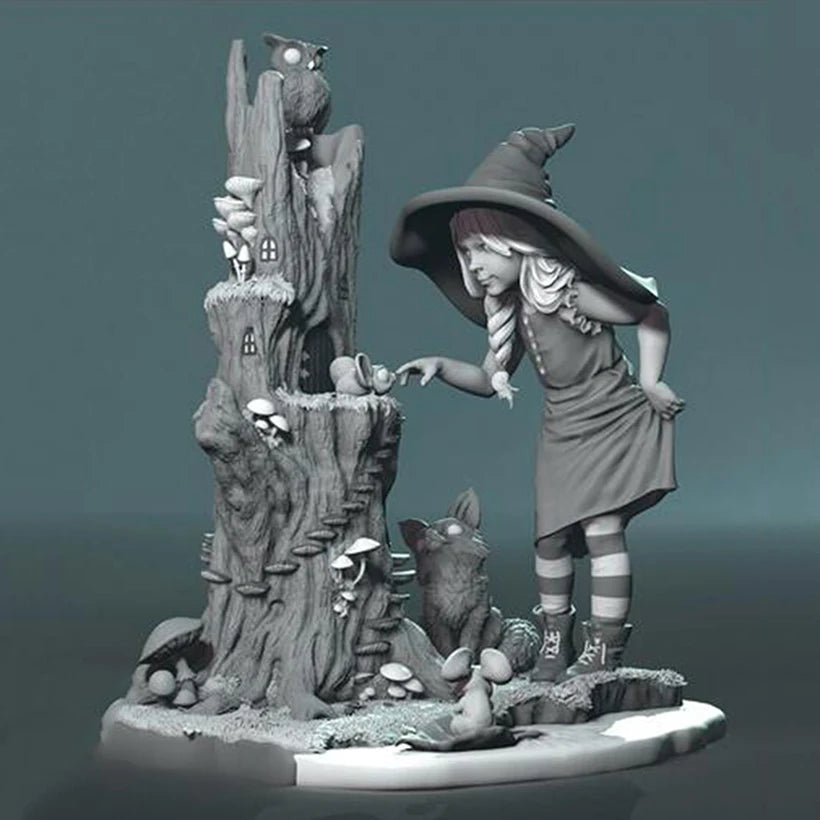 1/24 Witch with Staff and Familiar, Resin Model Figure Kit, Fantasy Theme, Unassembled and Unpainted