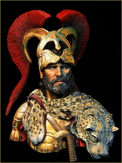 1/10 Ancient Bearded Roman Officer in Red Plumed Helmet with Leopard Cloa, Resin Model Bust Kit, Unassembled and Unpainted