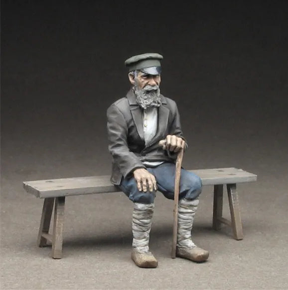 1/35 Bearded Gentleman Seated with Cane, Resin Model Figure Kit, Military Theme, Unassembled and Unpainted