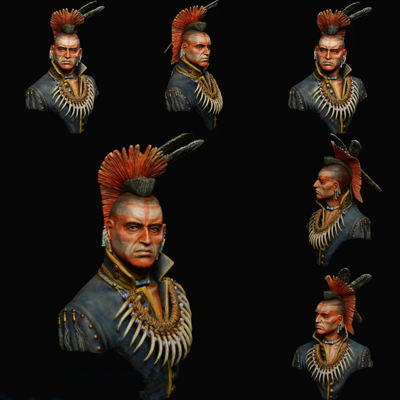 1/10 Tribal Warrior with Feathered Crest and Bone Regalia, Resin Model Bust Kit, Fantasy Theme, Unassembled and Unpainted