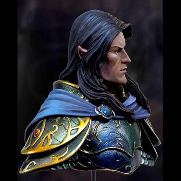 1/10 Elven Lord in Gold-Trimmed Armor and Blue Cloak, Resin Model Bust Kit, Fantasy Theme, Unassembled and Unpainted