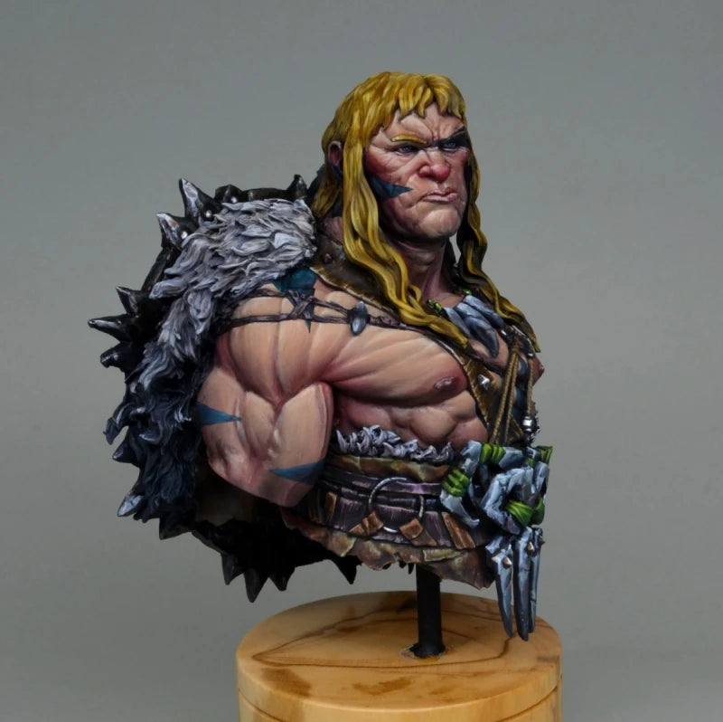 Spiked Barbarian Warrior with Long Blonde Hair, Resin Model Bust Kit, Fantasy Theme, Unassembled and Unpainted