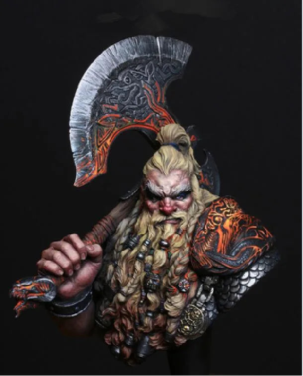 1/10 Bearded Dwarf Axeman with Crescent Helm, Resin Model Bust Kit, Fantasy Theme, Unassembled and Unpainted