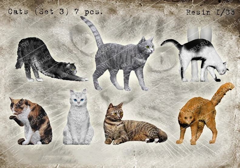 1/35 Seven Cats, 7 Figures, Resin Model Figure Kit, Wildlife Theme, Unassembled and Unpainted