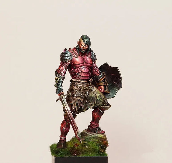 1/24 Female Warrior in Red Armor with Greatsword and Shield, Resin Model Figure Kit, Fantasy Theme, Unassembled and Unpainted