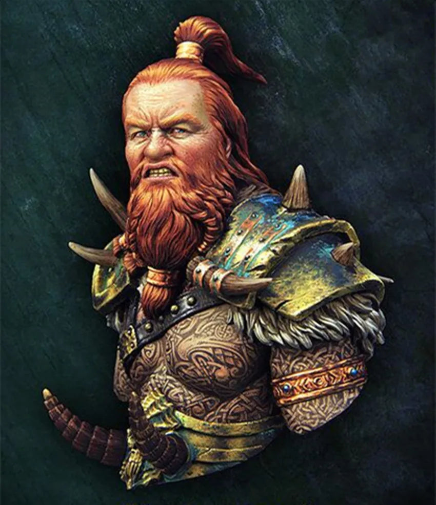 1/10 Dwarf Chieftain with Horned Helm and Fur Mantle, Resin Model Bust Kit, Fantasy Theme, Unassembled and Unpainted