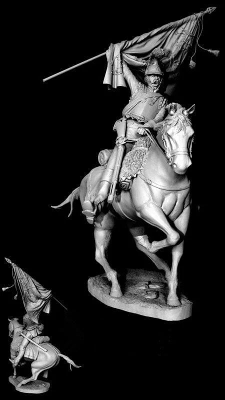 1/16 Napoleonic French Cavalry Officer with Standard, Resin Model Figure Kit, Unassembled and Unpainted