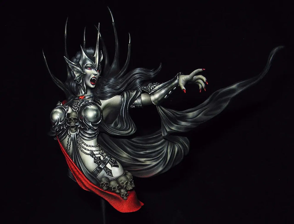 1/10 Demon Sorceress with Curved Horns and Red Cape, Resin Model Bust Kit, Fantasy Theme, Unassembled and Unpainted