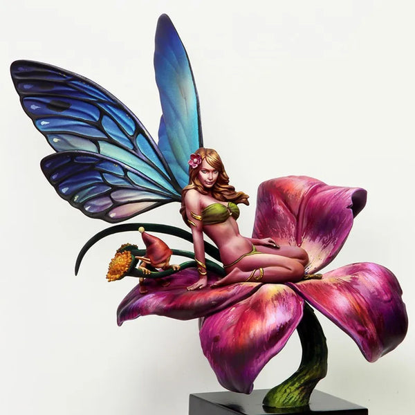 90mm Twin Fairies on Flower Petals, 2 Figures, Resin Model Figure Kit, Fantasy Theme, Unassembled and Unpainted