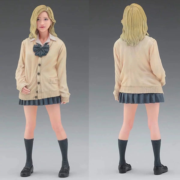 1/12 Blonde Anime Schoolgirl in Cream Cardigan, Resin Model Figure Kit, Anime Theme, Unassembled and Unpainted
