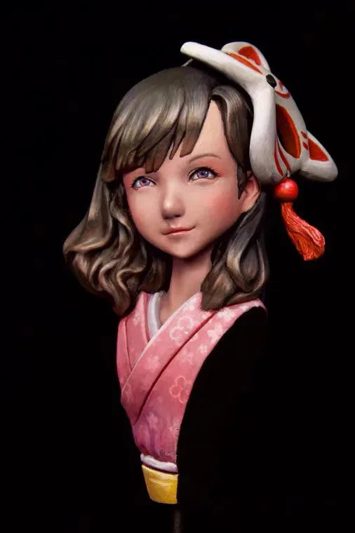 60mm Girl with Wavy Hair in Pink Qipao and Red Ribbons, Resin Model Bust Kit, Anime Theme, Unassembled and Unpainted
