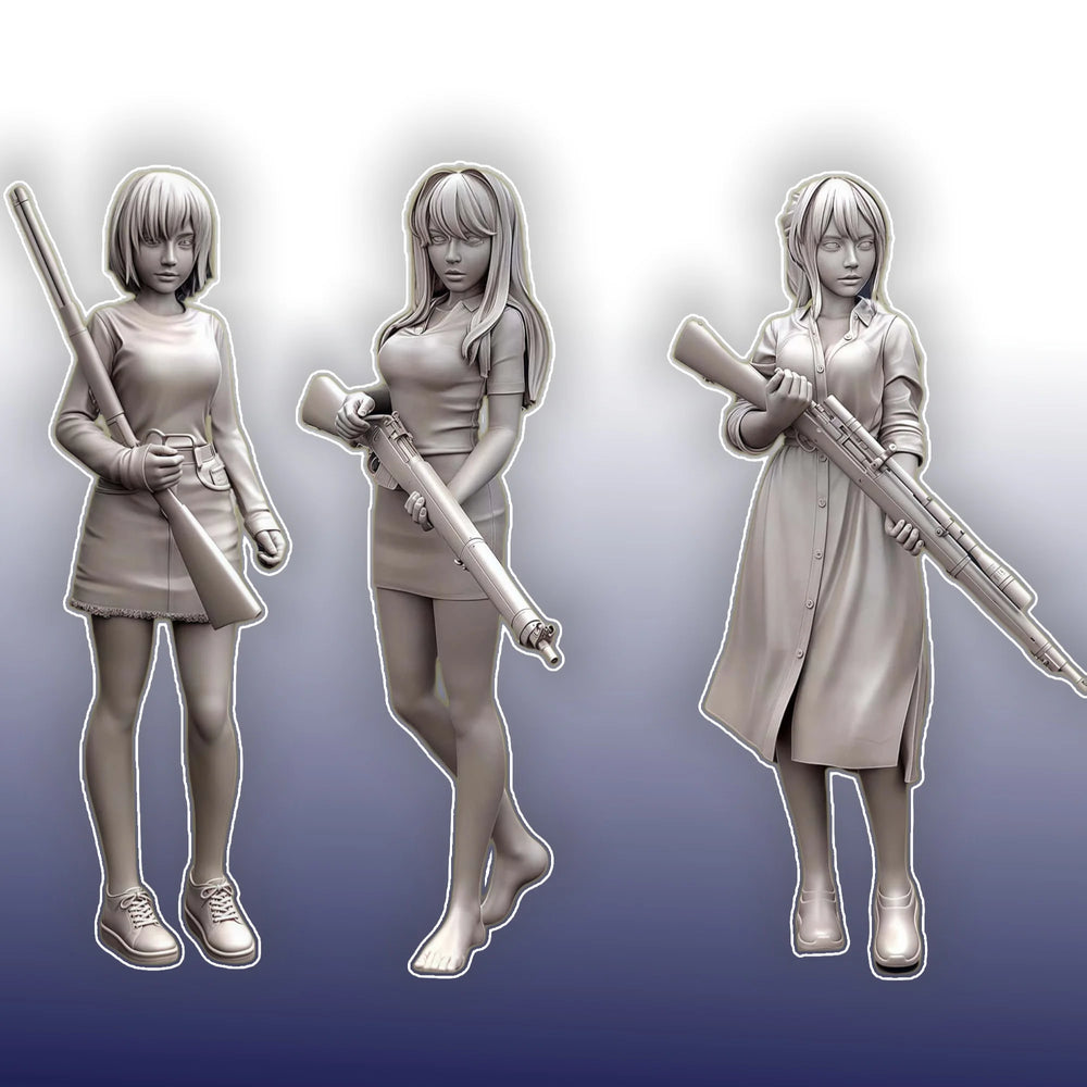 1/35 Female Soldiers, 3 Figures, Resin Model Figure Kit, Anime Theme, Unassembled and Unpainted