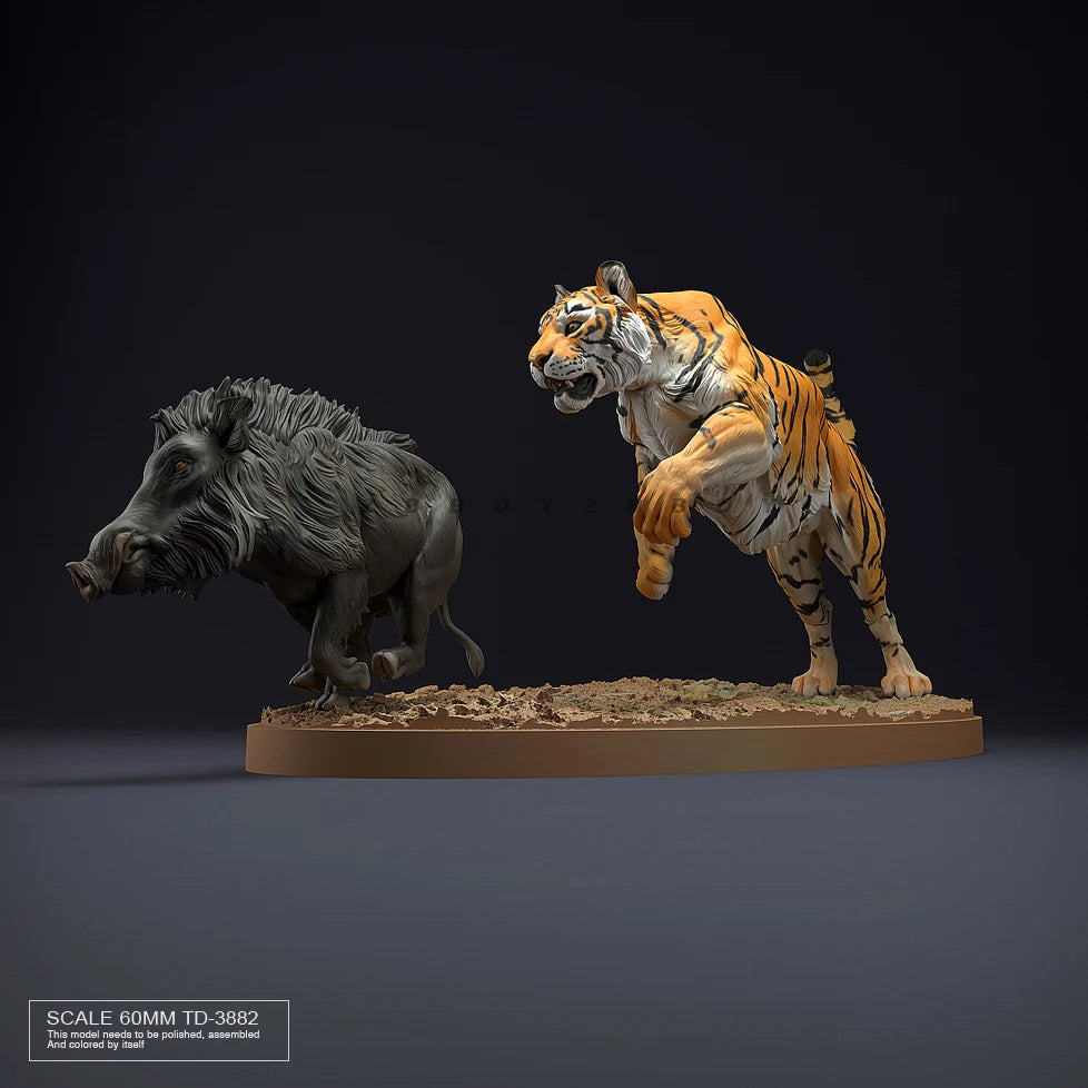 60mm Tiger and Wild Boar, 2 Figures, Resin Model Creature Kit, Wildlife Theme, Unassembled and Unpainted
