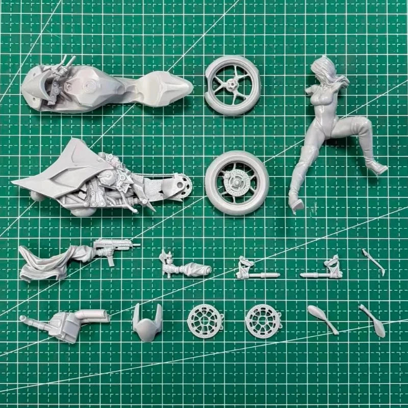 75mm Modern Female Biker on Motorcycle, Resin Model Figure Kit, Unassembled and Unpainted