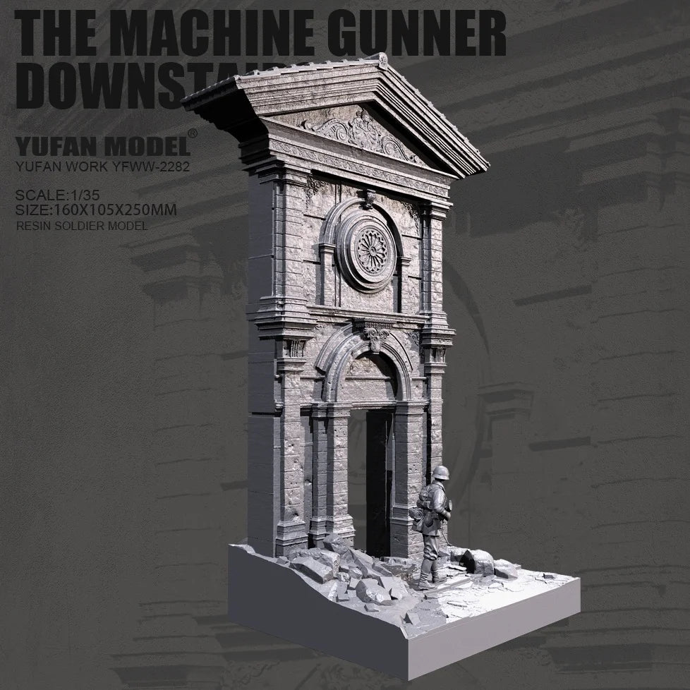 1/35 WWII Machine Gunner at Stone Gatehouse, Resin Model Diorama Kit, Unassembled and Unpainted