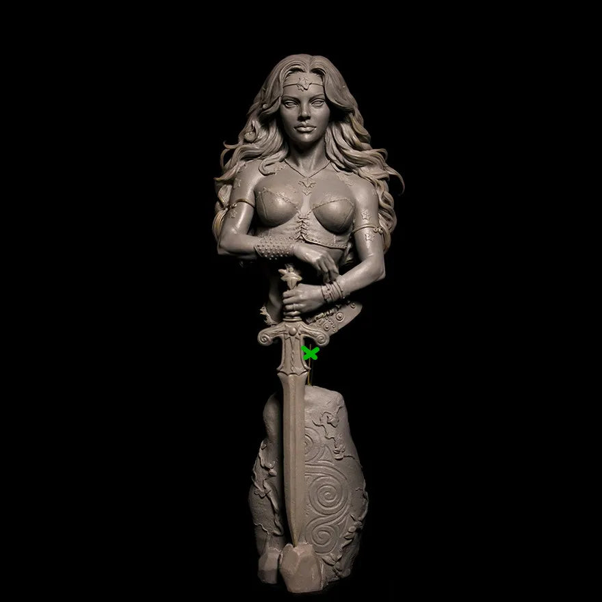 1/10 Female with Long Wavy Hair and Carved Base, Resin Model Bust Kit, Fantasy Theme, Unassembled and Unpainted
