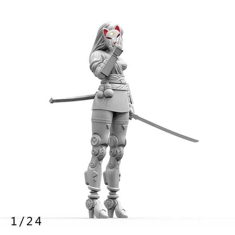 1/24 Female Warrior with Dual Katanas, Resin Model Figure Kit, Anime Theme, Unassembled and Unpainted