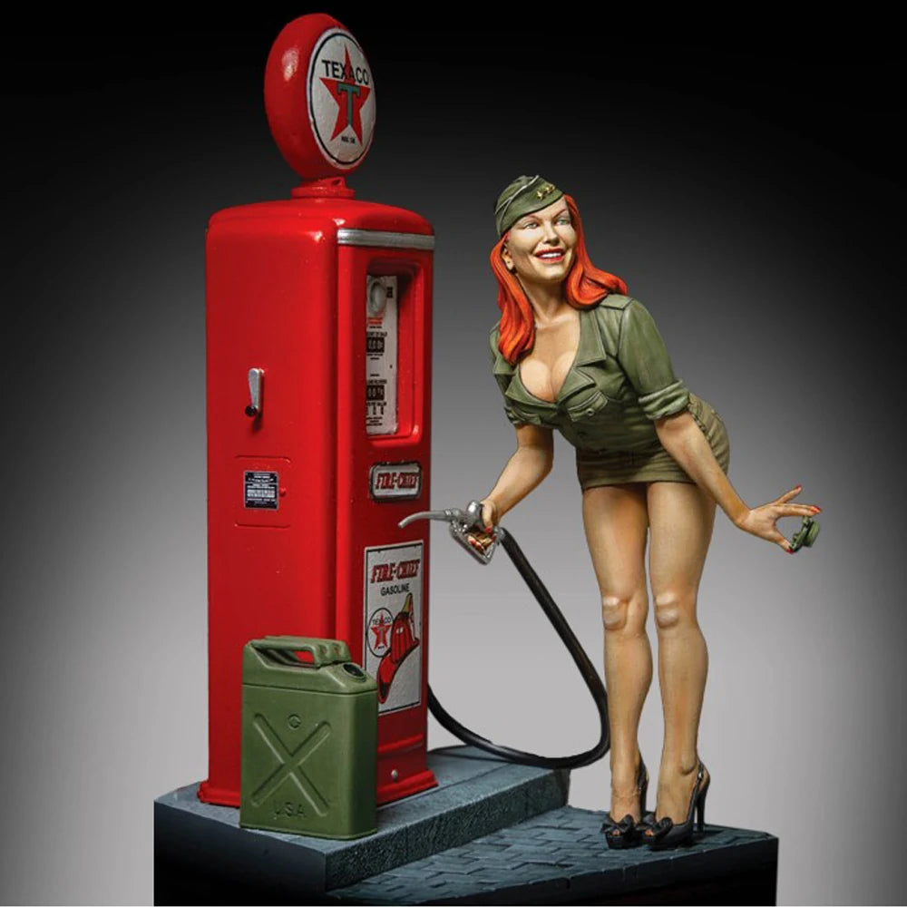 1/35 Cold War Era Pin-up at Vintage Gas Pump, Resin Model Diorama Kit, Unassembled and Unpainted