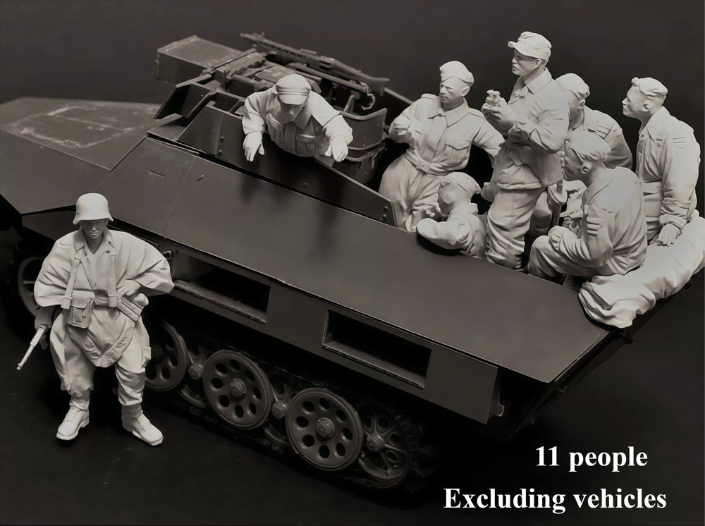 1/35 WWII German Panzer Crew Resting By Truck, 11 Figures, Resin Model Diorama Kit, Unassembled and Unpainted