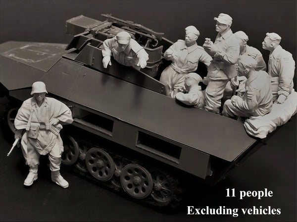 1/35 WWII German Panzer Crew Resting By Truck, 11 Figures, Resin Model Diorama Kit, Unassembled and Unpainted