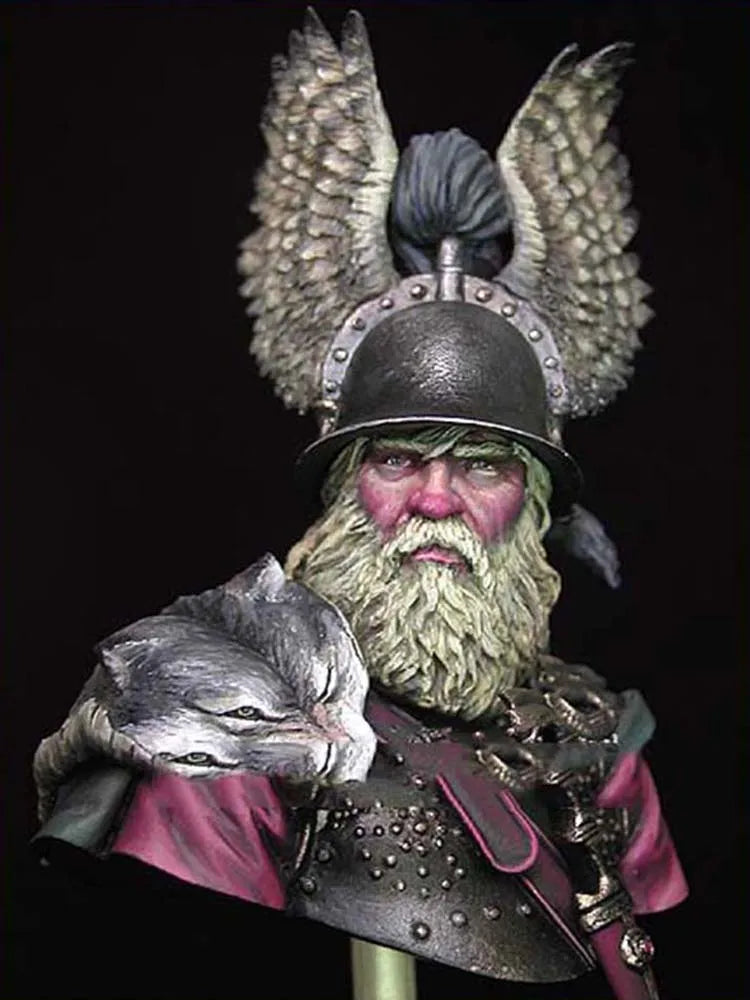 1/10 Ancient Bearded Viking with Winged Helmet and Wolf, Resin Model Bust Kit, Unassembled and Unpainted
