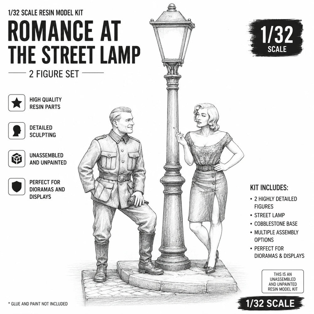 1/32 Modern Civilian Couple at Street Lamp, 2 Figures, Resin Model Figure Kit, Unassembled and Unpainted