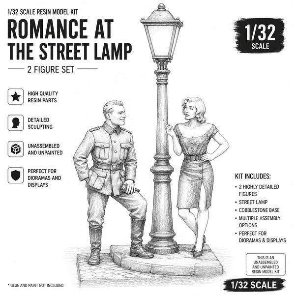 1/32 Modern Civilian Couple at Street Lamp, 2 Figures, Resin Model Figure Kit, Unassembled and Unpainted