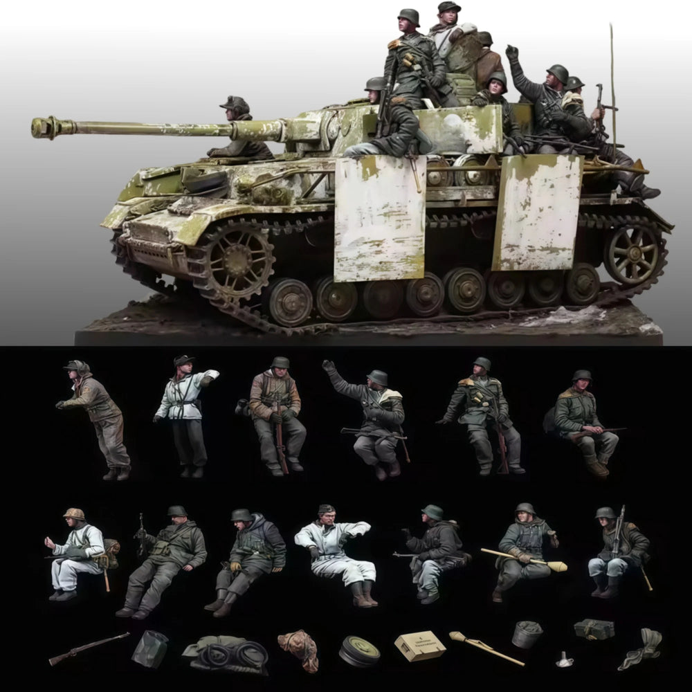 1/35 WWII German Panzer with Infantry, 12 Figures, Resin Model Vehicle Kit, Unassembled and Unpainted