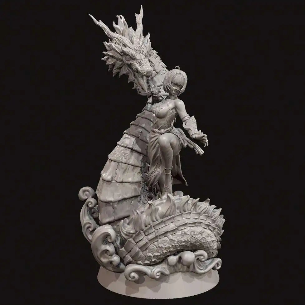 75mm Female Dragon Rider, 2 Figures, Resin Model Diorama Kit, Fantasy Theme, Unassembled and Unpainted