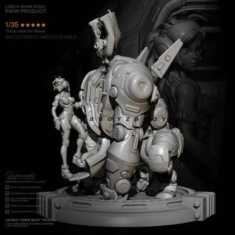 1/35 Mecha Robot with Girl, 2 Figures, Resin Model Figure Kit, Sci-Fi Theme, Unassembled and Unpainted