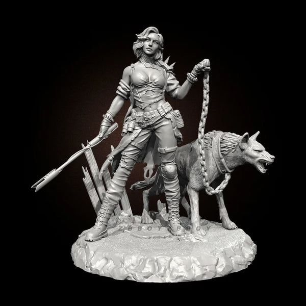 75mm Female Warrior & Wolf, 2 Figures, Resin Model Figure Kit, Fantasy Theme, Unassembled and Unpainted