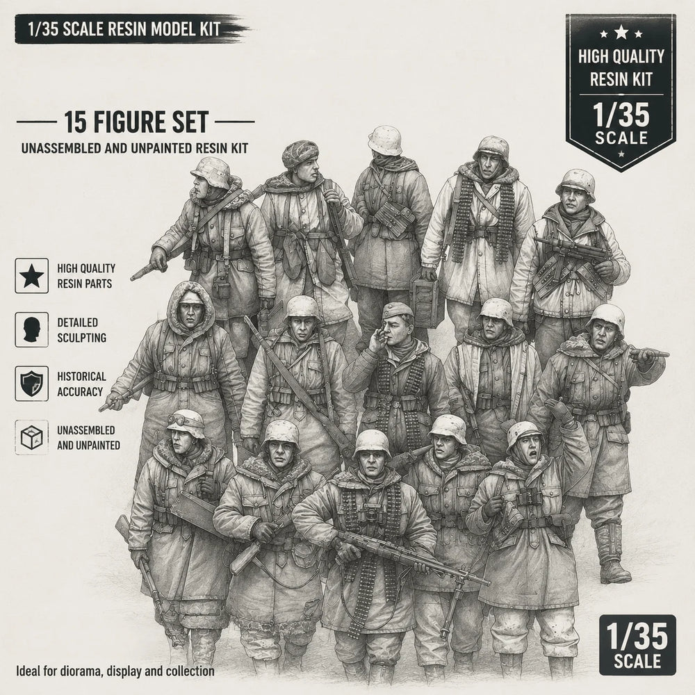 1/35 WWII German Infantry Winter Parkas, 15 Figures, Resin Model Figure Kit, Unassembled and Unpainted
