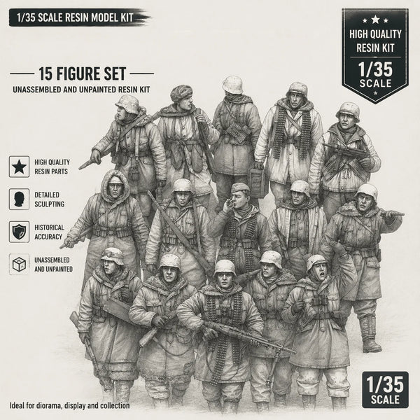 1/35 WWII German Infantry Winter Parkas, 15 Figures, Resin Model Figure Kit, Unassembled and Unpainted