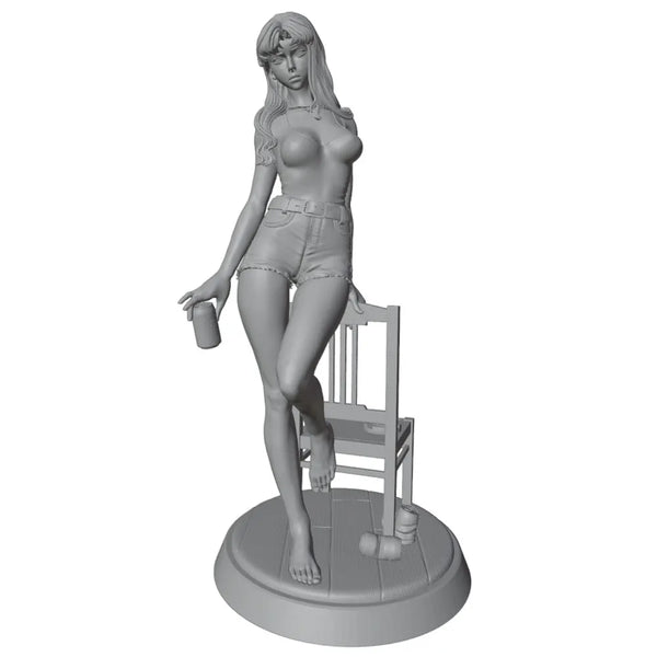 1/24 Female Pin-Up Posing with Chair, Resin Model Figure Kit, Unassembled and Unpainted