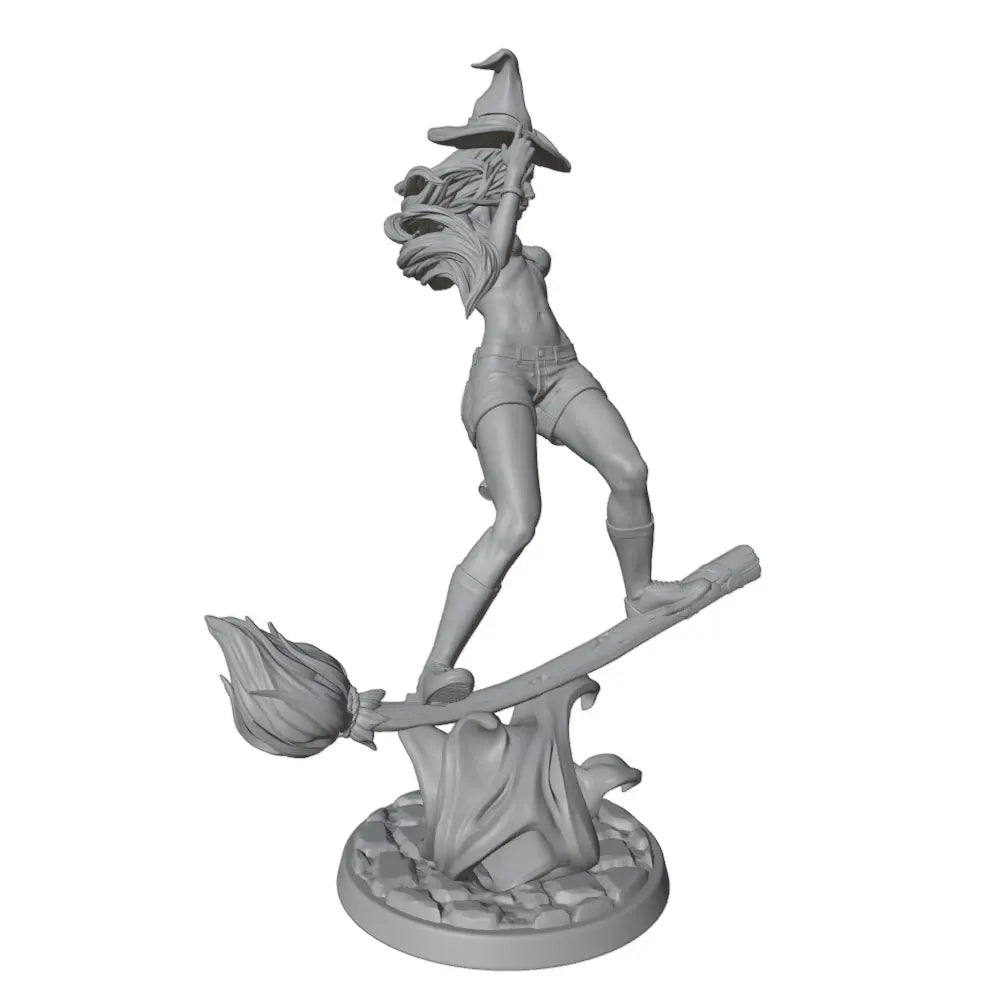 75mm Witch on Broomstick with Imp Familiar, Resin Model Figure Kit, Fantasy Theme, Unassembled and Unpainted