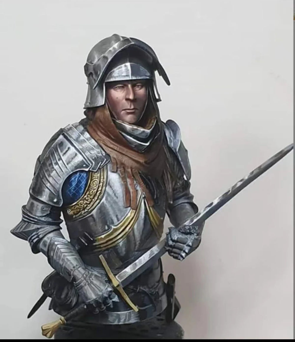 1/10 Medieval Knight with Ornate Heraldic Armor Holding Polearm, Resin Model Bust Kit, Unassembled and Unpainted