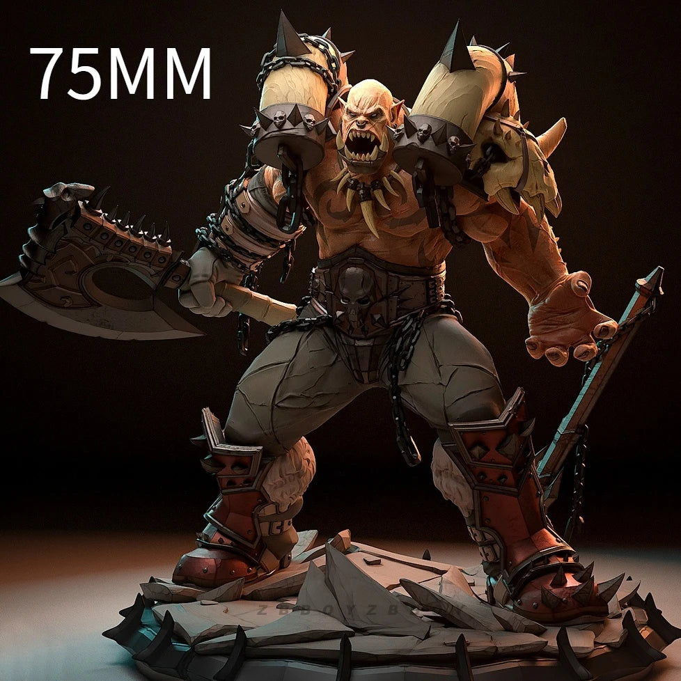 75mm Tusked Orc Warrior Wielding Battle Axe, Resin Model Figure Kit, Fantasy Theme, Unassembled and Unpainted