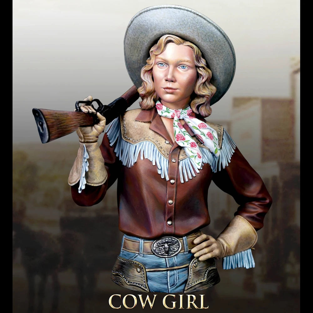 1/10 Cowgirl Shouldering Rifle in Fringed Vest, Resin Model Bust Kit, Historical Theme, Unassembled and Unpainted